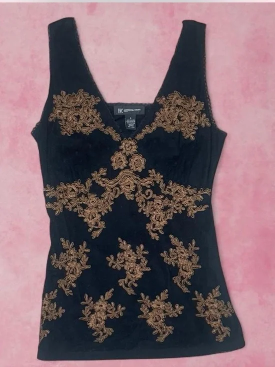 INC Black Surplice Tank Top with Gold Abstract Embroidery Y2K Grunge Western- S - Picture 1 of 4
